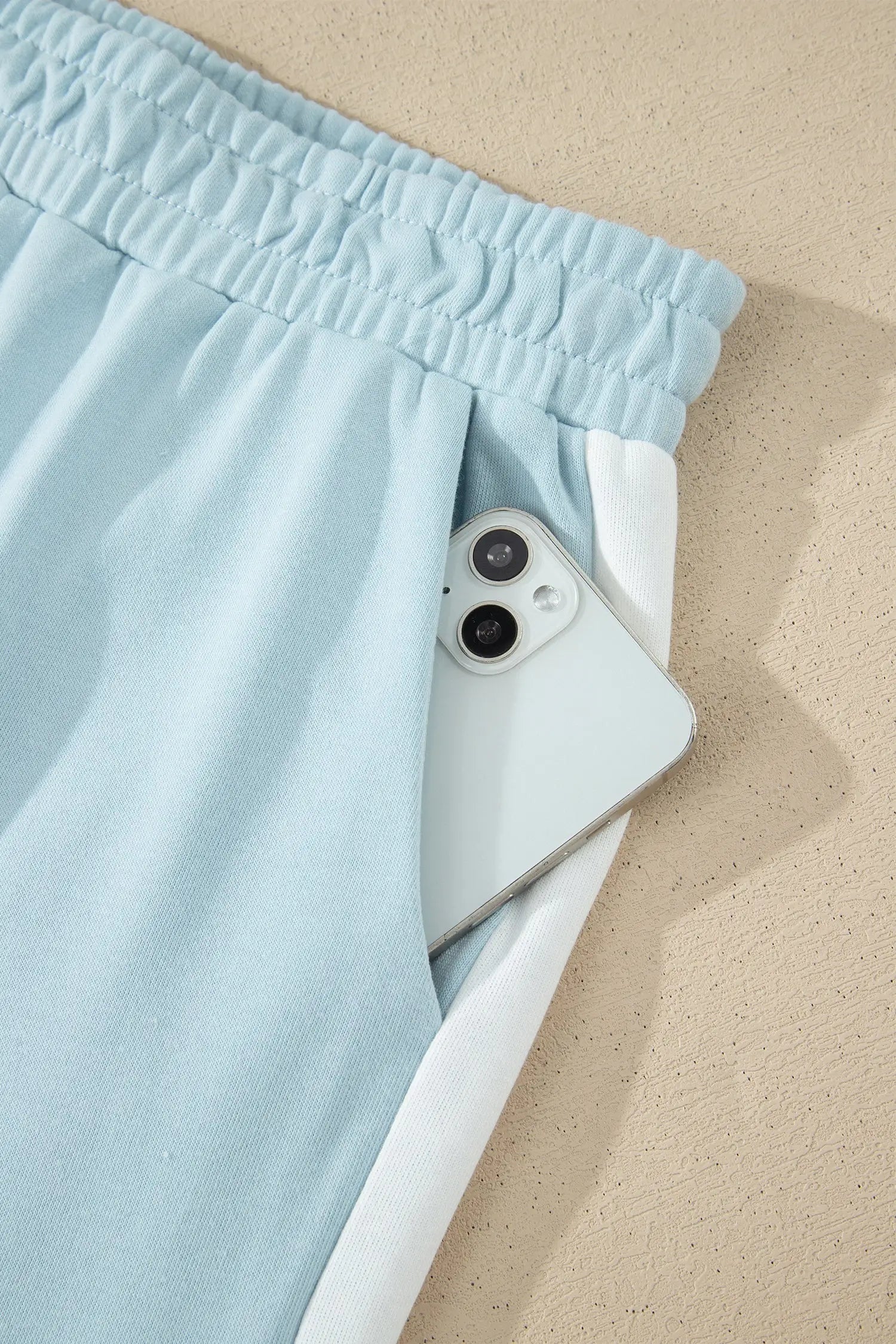 Mist blue contrast trim boxy tank top wide leg pant set pockets outfit sets