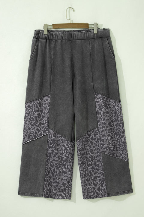 Plus Size Leopard Patchwork Mineral Wash Wide Leg Trousers