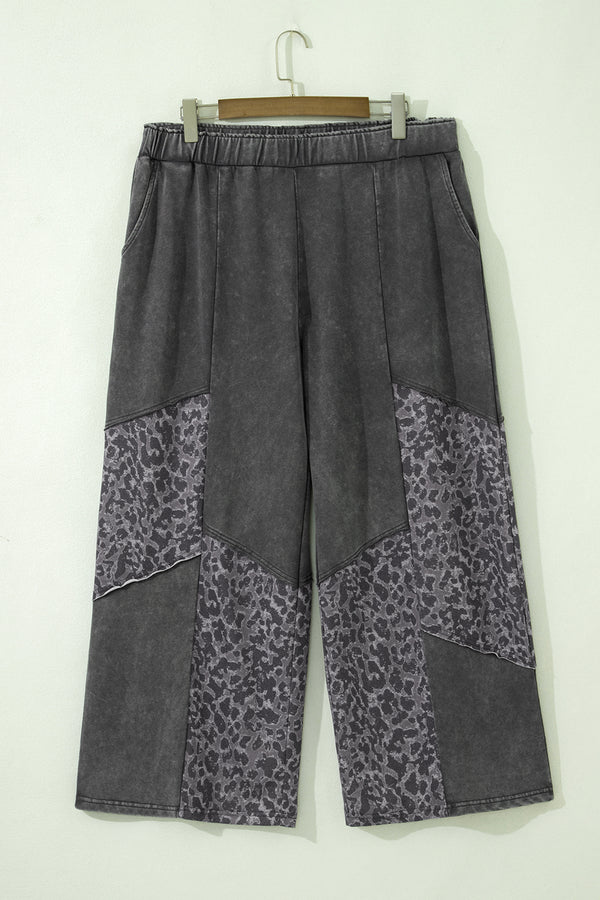 Plus Size Leopard Patchwork Mineral Wash Wide Leg Trousers