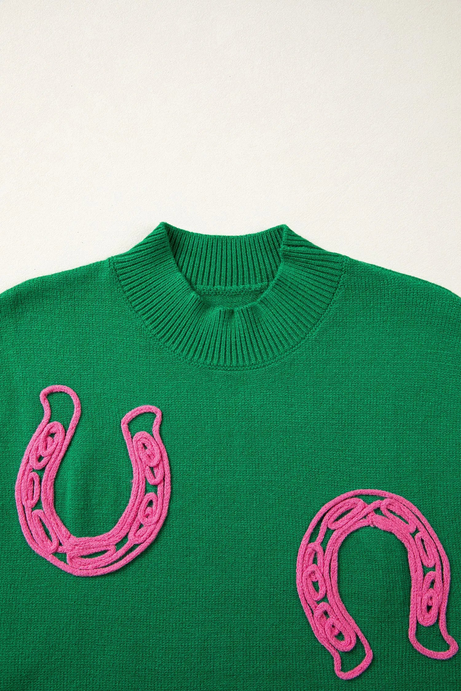 Corded horseshoe western sweater ribbed mock neck short sleeve loose knit sweaters