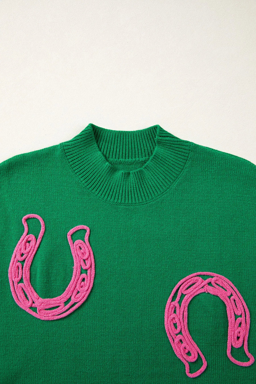 Corded horseshoe western sweater ribbed mock neck short sleeve loose knit sweaters