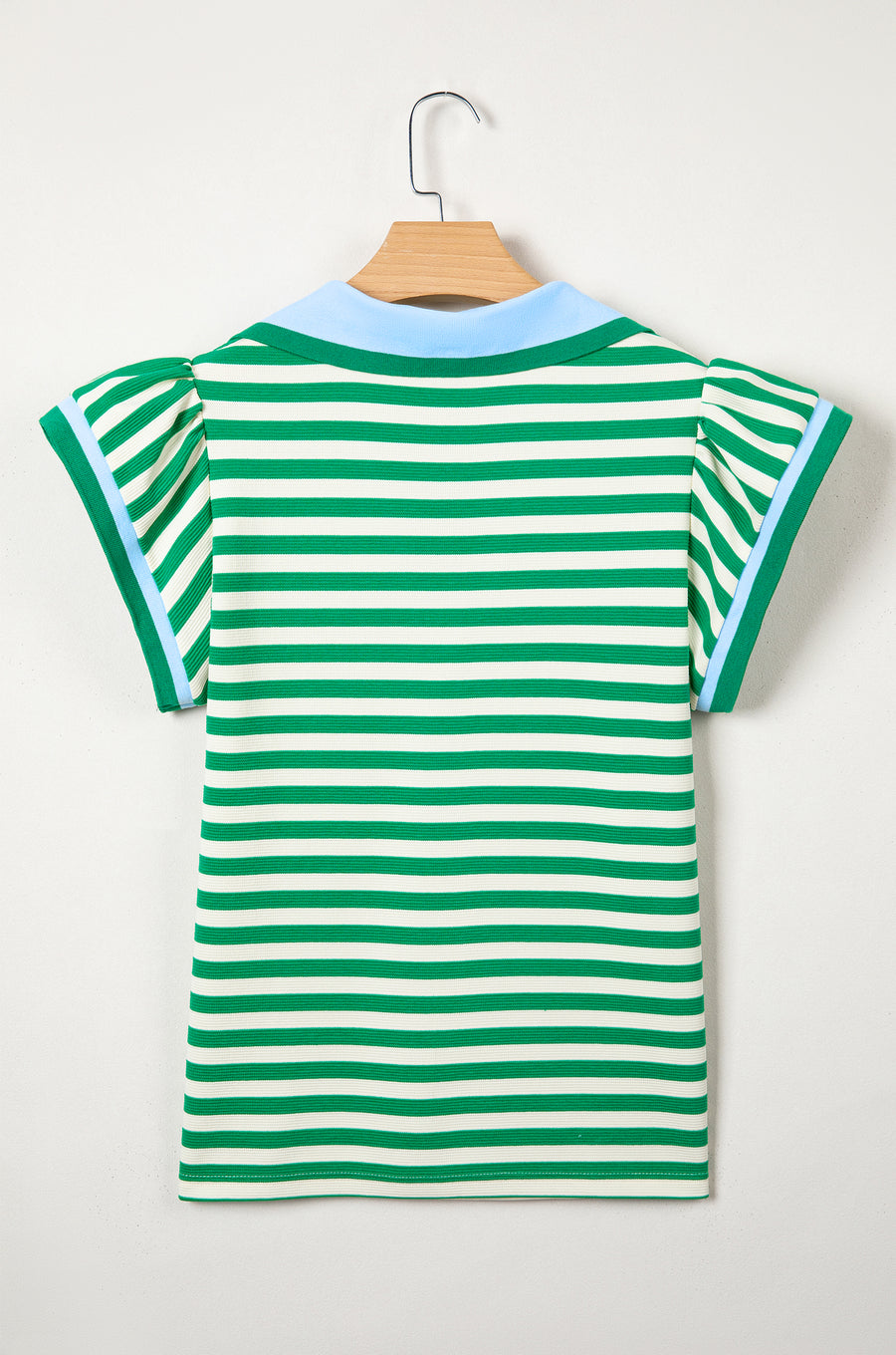 Stripe Contrast Trim Polo Collar Ruffled Short Sleeve Blouse