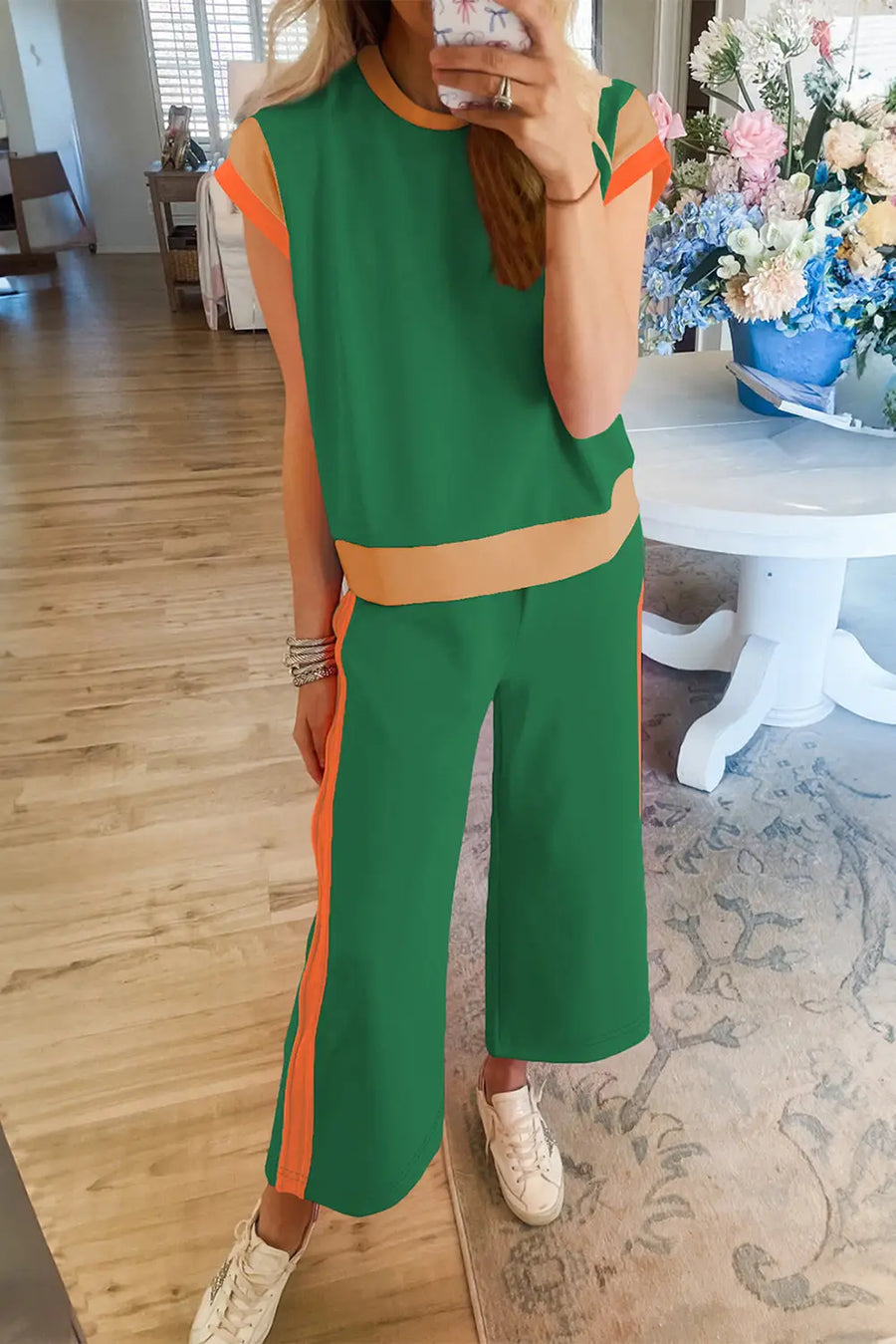Colour block two piece set cap sleeve wide leg pants women uk