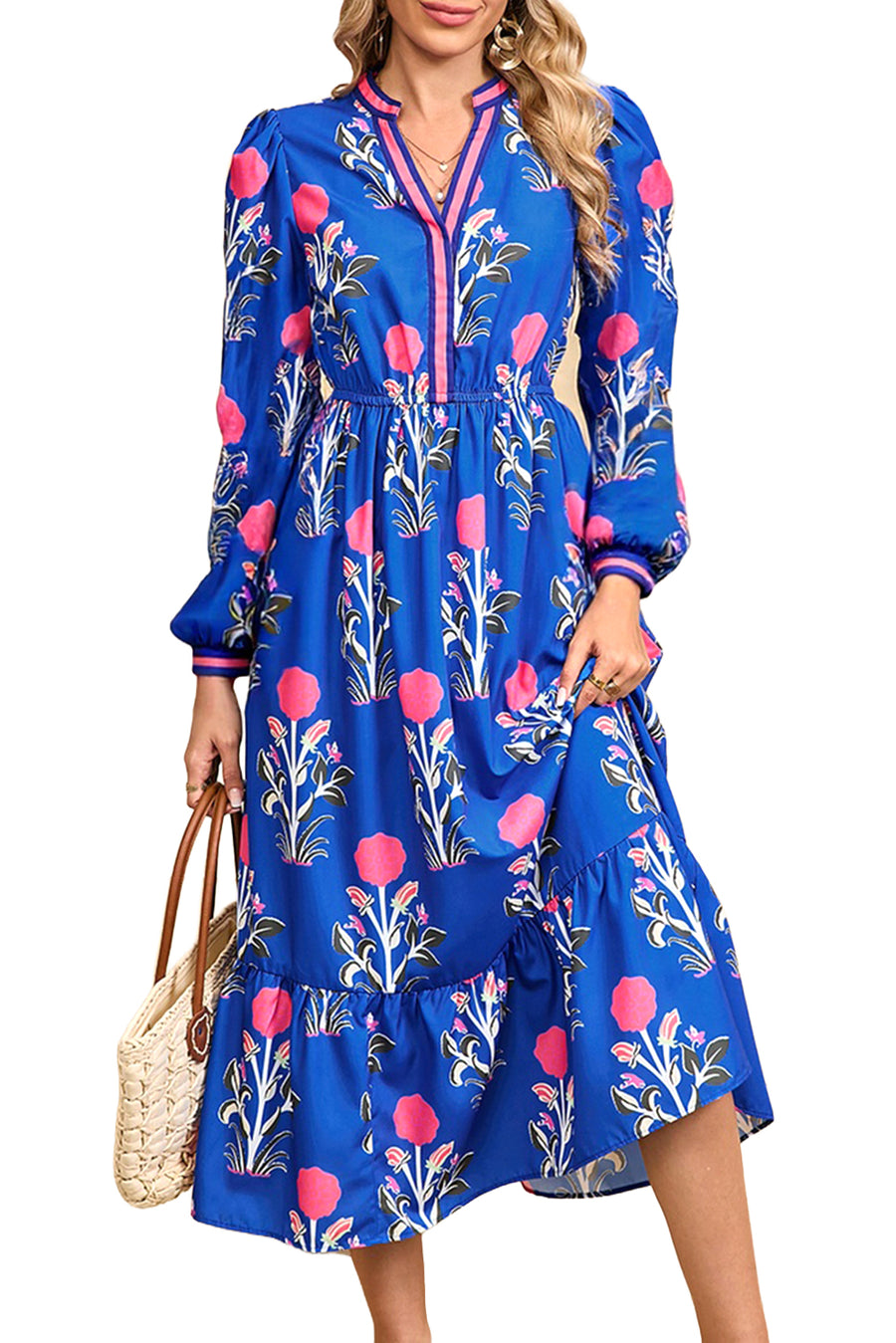 Blue Floral Striped Trim Split Neck Long Sleeve Midi Dress Women UK