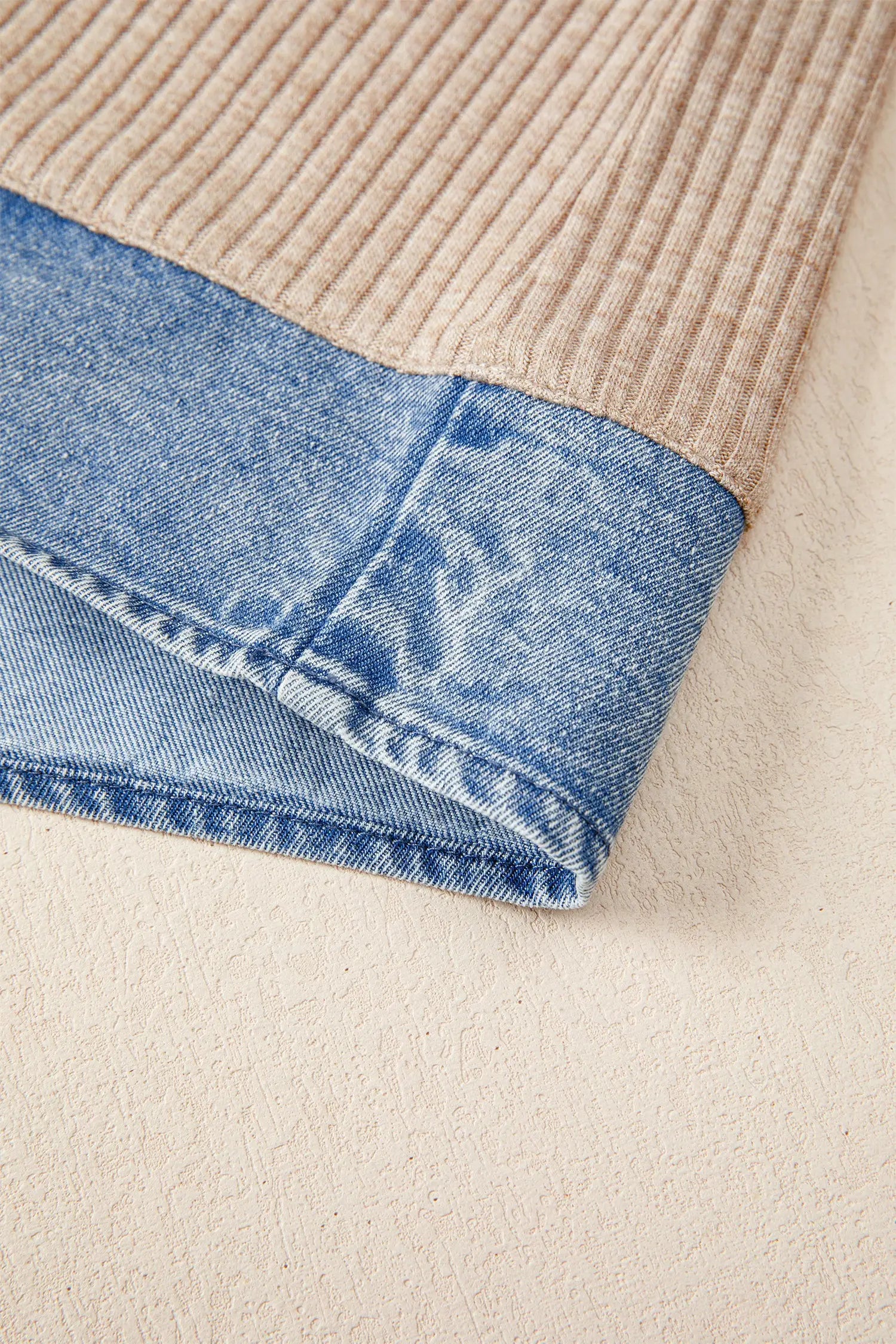 Denim hem and ribbed knit contrast detail on beige patchwork blouse | Fashionfitz UK
