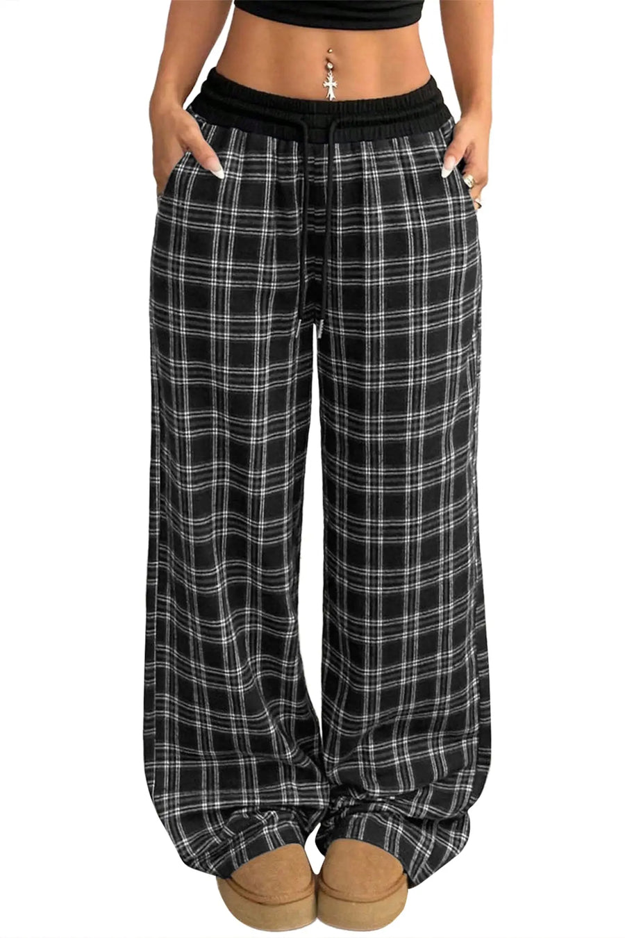 Plaid Contrast Drawstring Waist Wide Leg Trousers — front detail | Fashionfitz UK