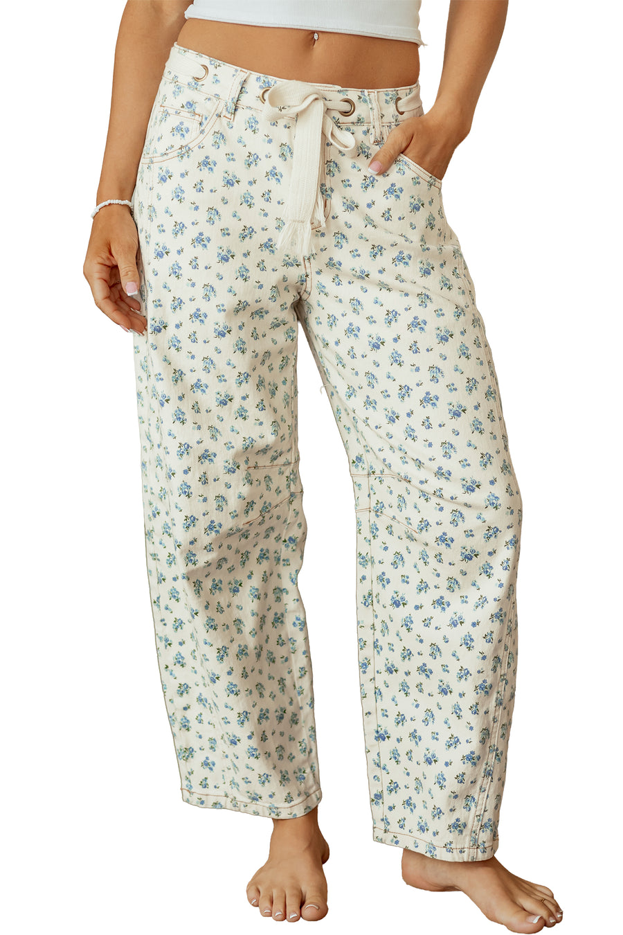Grommet Knot Waist Floral Barrel Leg Jeans