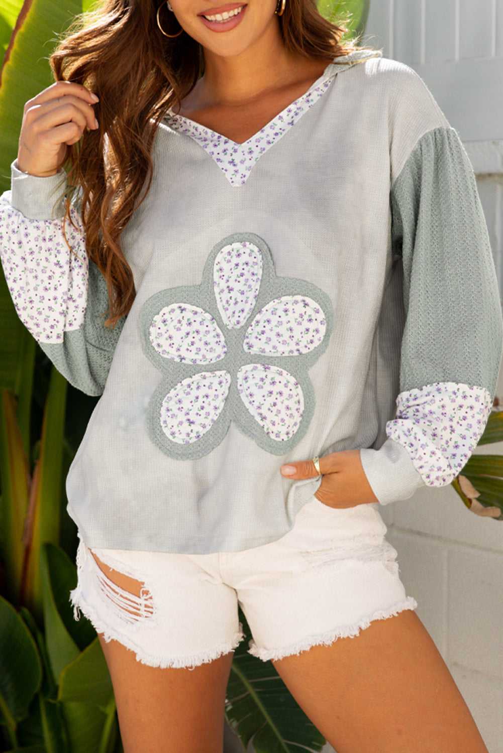 Floral Applique Oversize Hoodie | Women’s Green Waffle Knit with V-neck, floral patchwork design, and relaxed fit for fall casual wear.