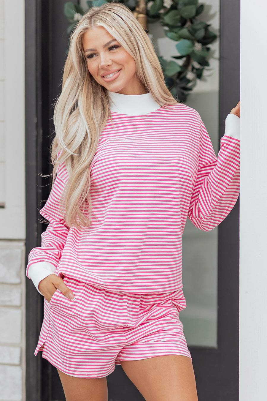 Stripe Oversize Mock Neck Sweatshirt & Shorts Co-Ord Set