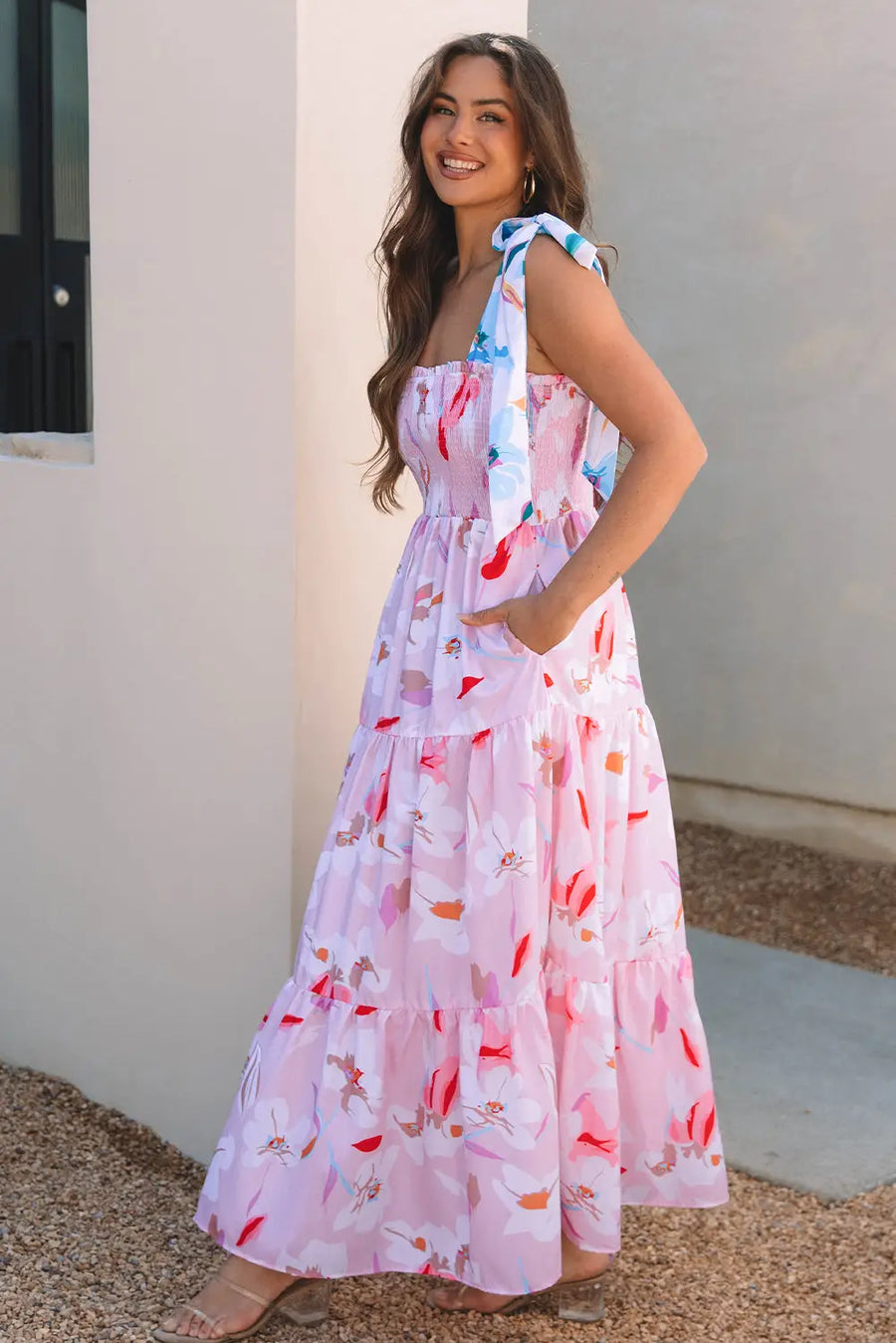 Pink Floral Knotted Shoulder Smocked Maxi Dress Women UK — side detail
