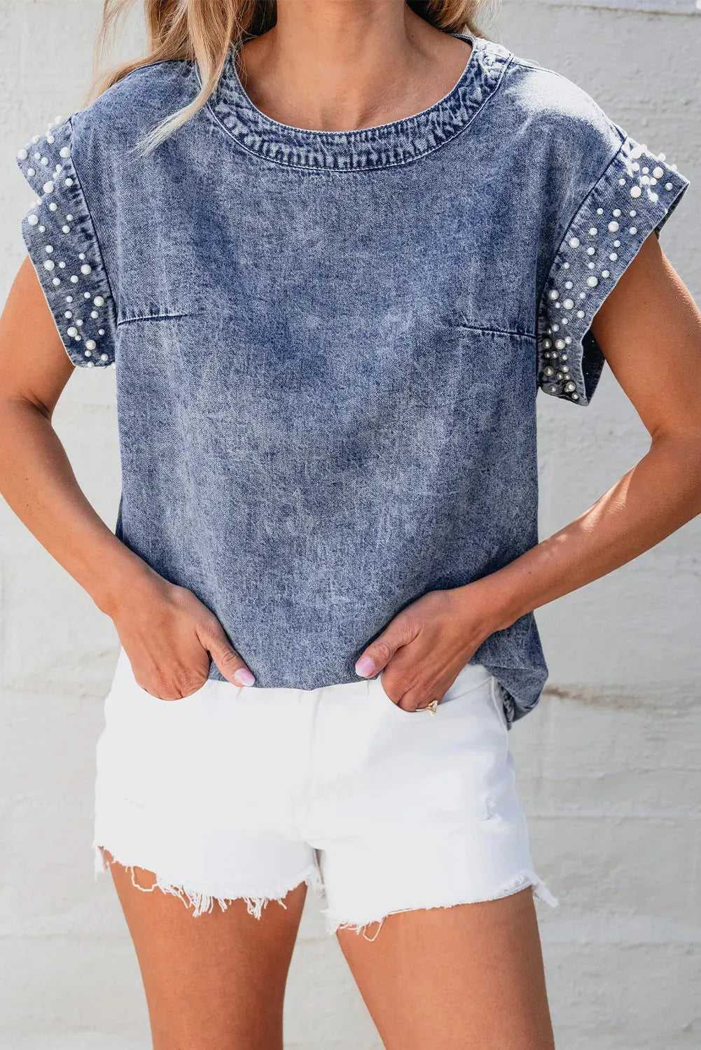 Denim Top - Dusk Blue Acid Wash Pearl Embellishments - Fashionfitz