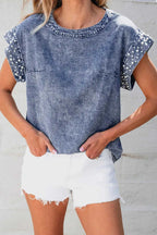 Denim Top - Dusk Blue Acid Wash Pearl Embellishments - Fashionfitz
