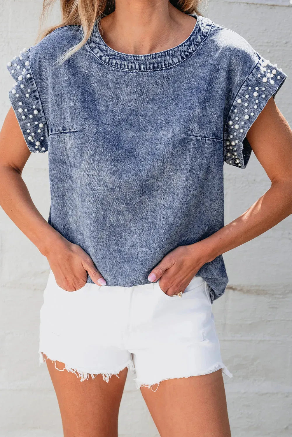 Denim Top - Dusk Blue Acid Wash Pearl Embellishments - Fashionfitz