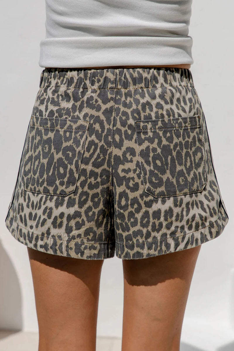 Leopard Stripe Drawstring High Waist Denim Shorts Women UK