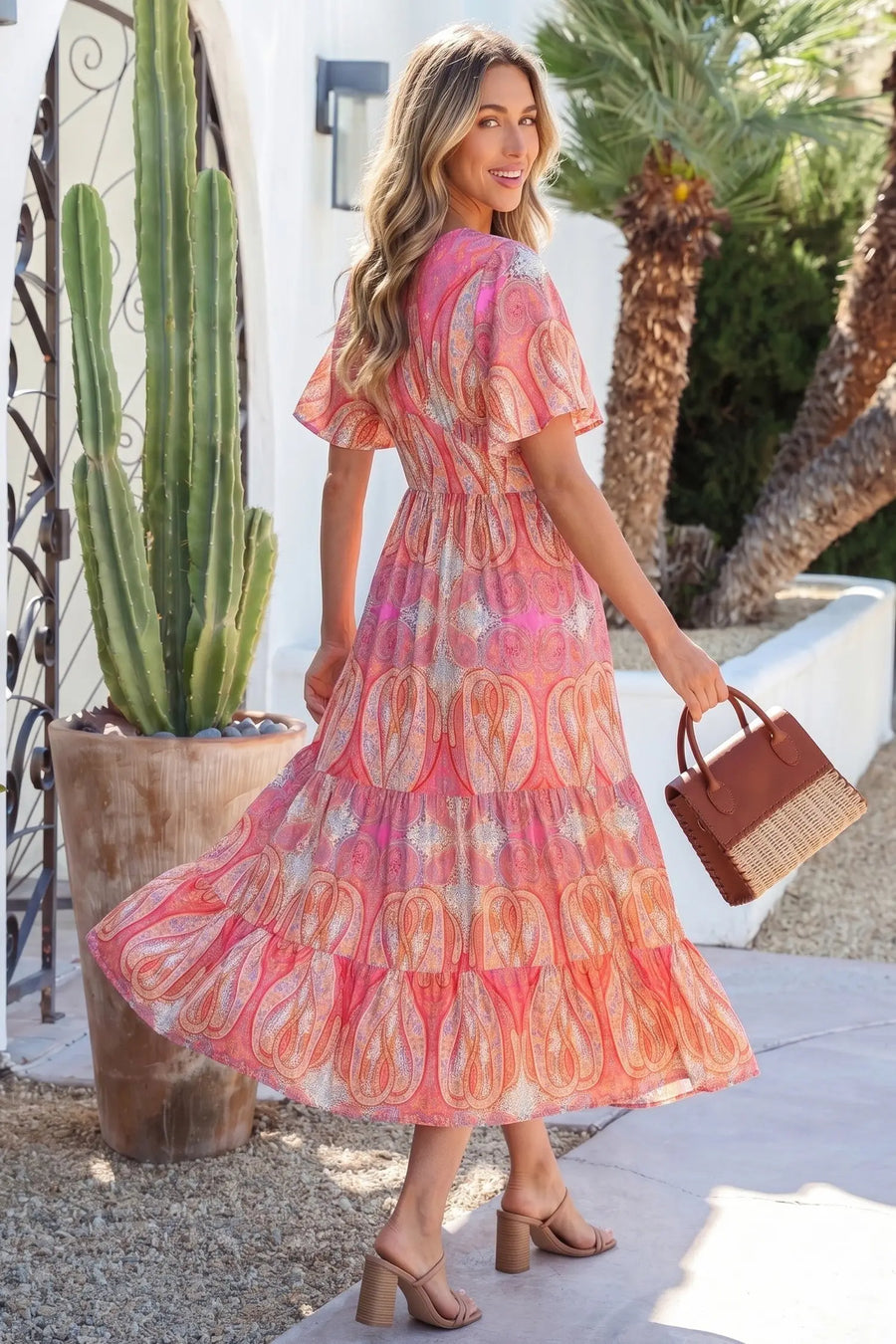 Multicolour Paisley V Neck Short Sleeve Boho Maxi Dress Women UK