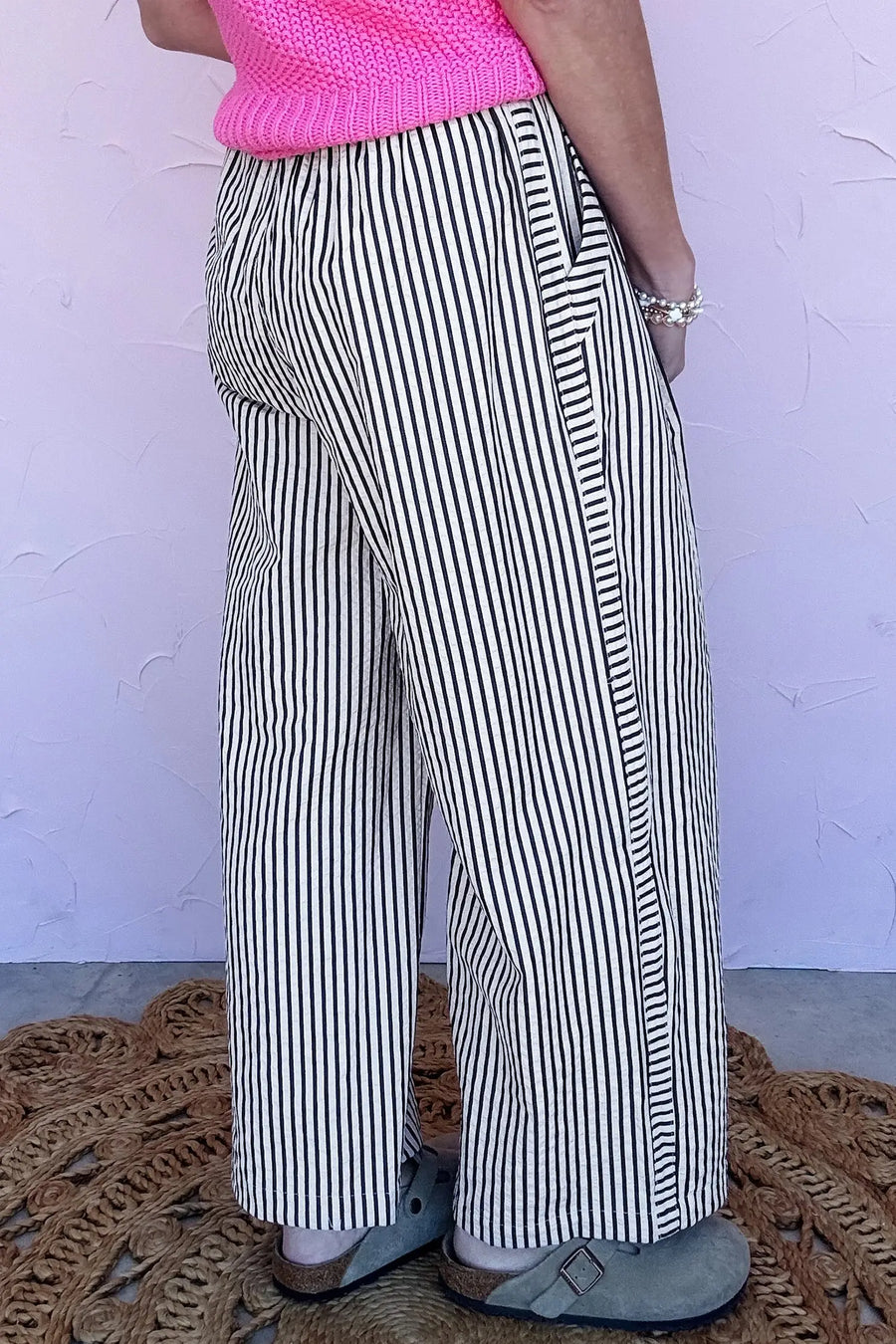Black stripe wide leg drawstring trousers side view | Fashionfitz UK