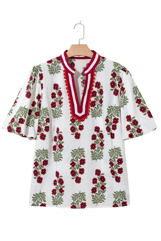 Plus size floral ricrac trim cotton blouse puff sleeve v neck colourblock blouses