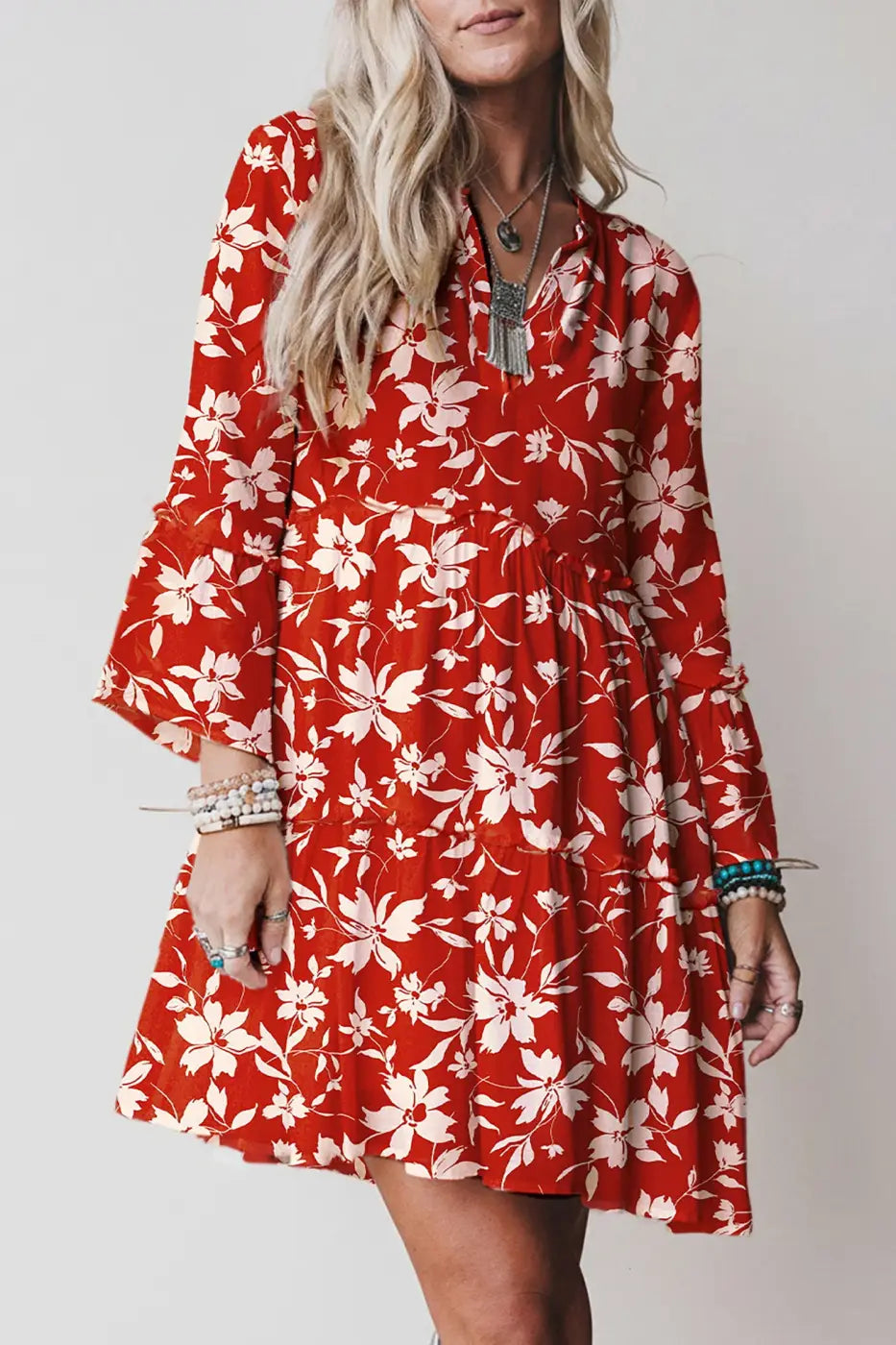 Blue boho floral print mini dress women | v-neck 3/4 sleeve resort