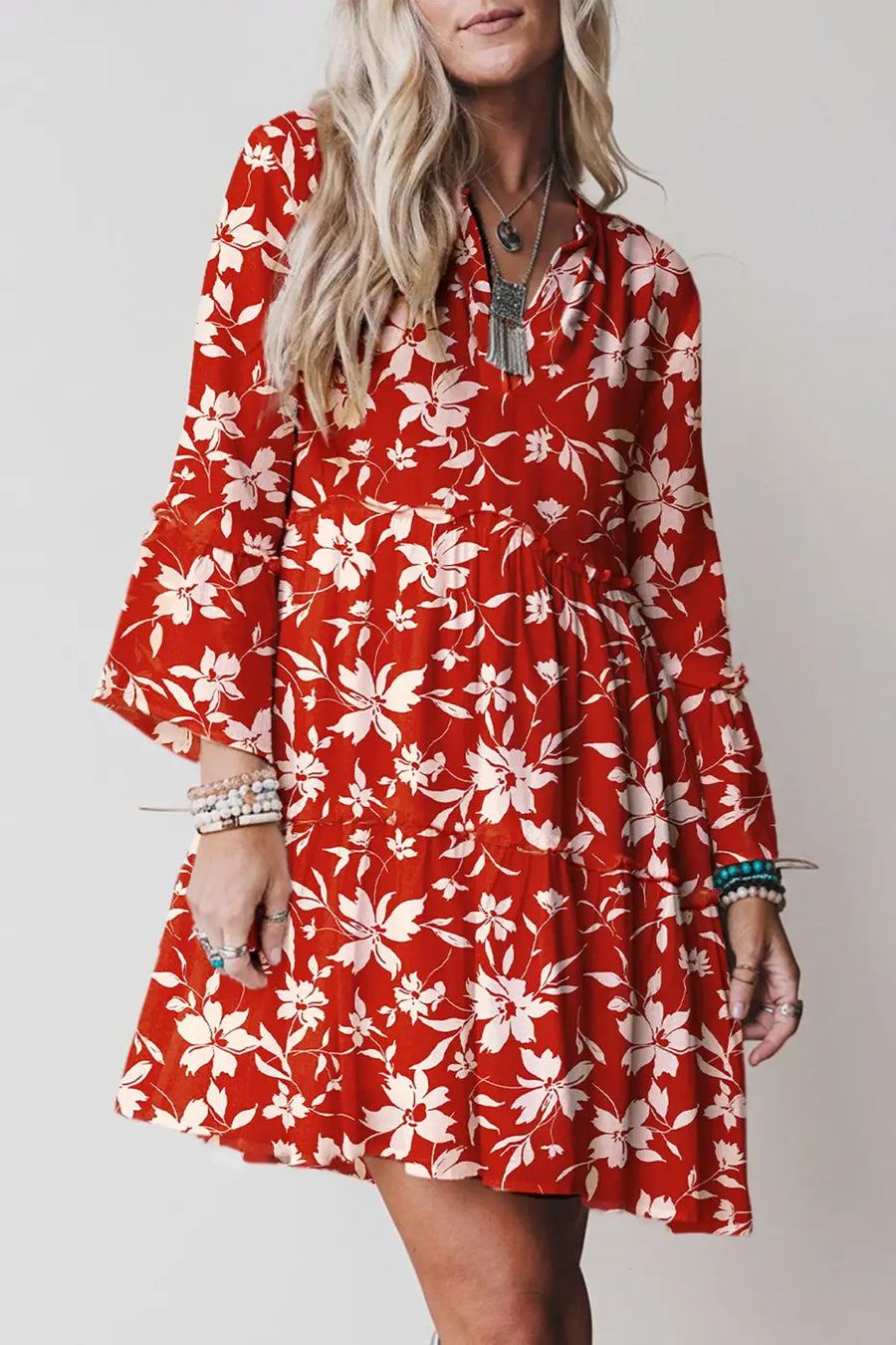 Blue boho floral print mini dress women | v-neck 3/4 sleeve resort