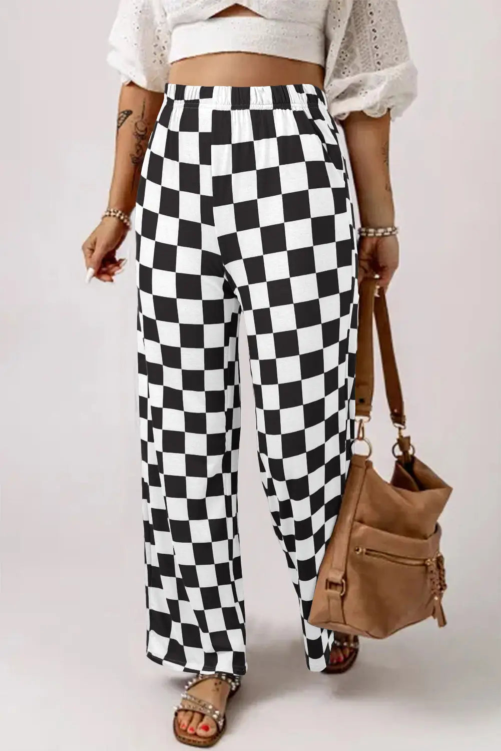 Red 2-tone checked print high waist wide leg pants