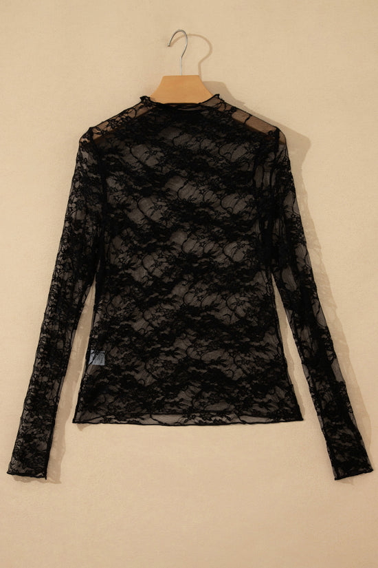 Sheer Floral Lace Mock Neck Lettuce Trim Long Sleeve Top
