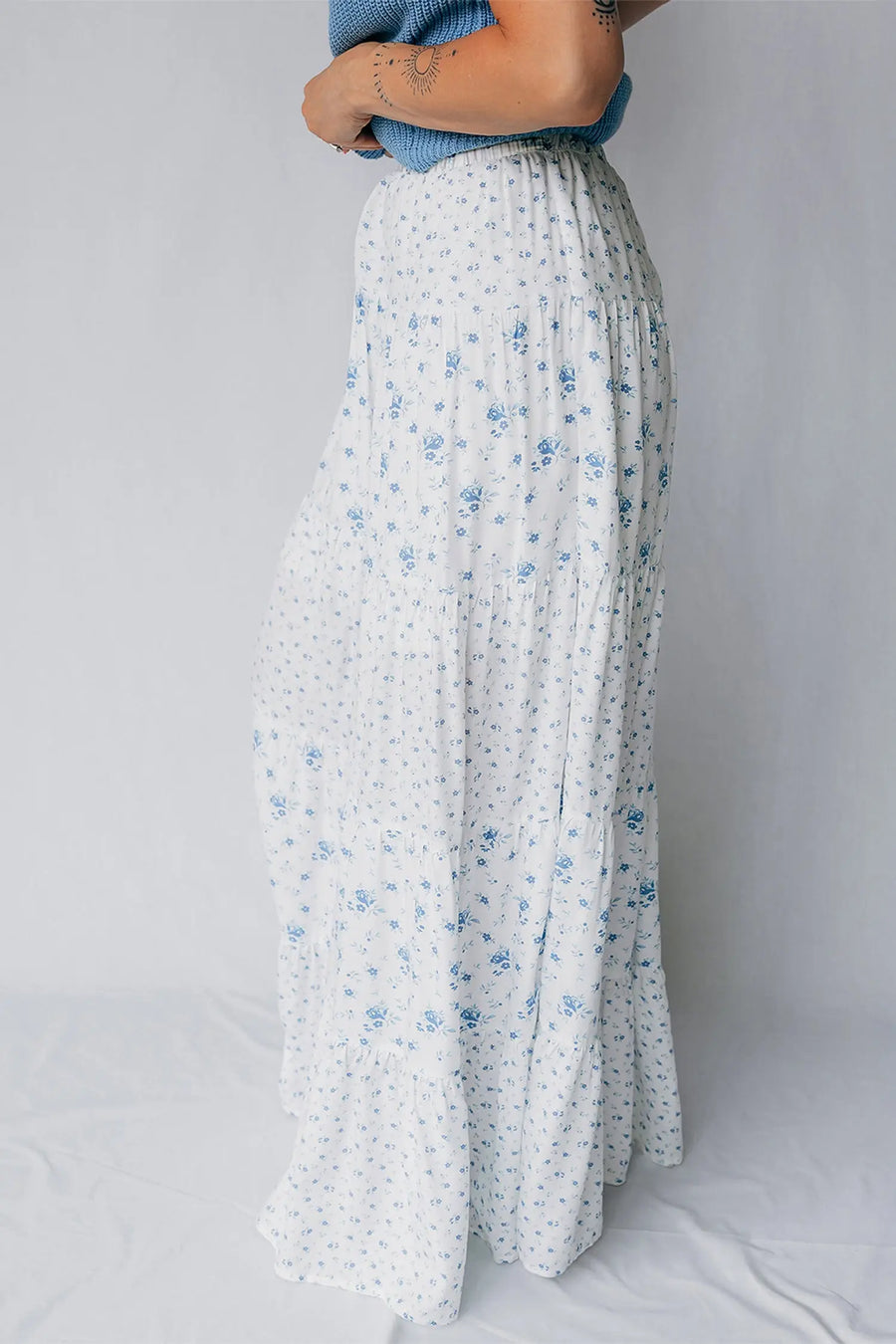 Sky blue tiered floral patchwork boho maxi skirt elastic waist ruffle hem skirts