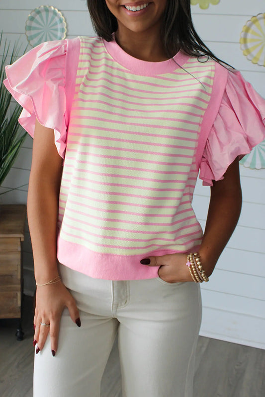 Woman wearing pink stripe ruffle sleeve patchwork blouse with short sleeves front view Fashionfitz UK