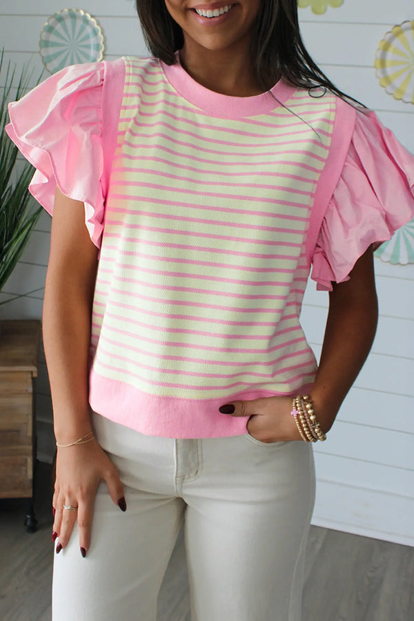 Pink stripe ruffle sleeve patchwork blouse front view — Fashionfitz UK
