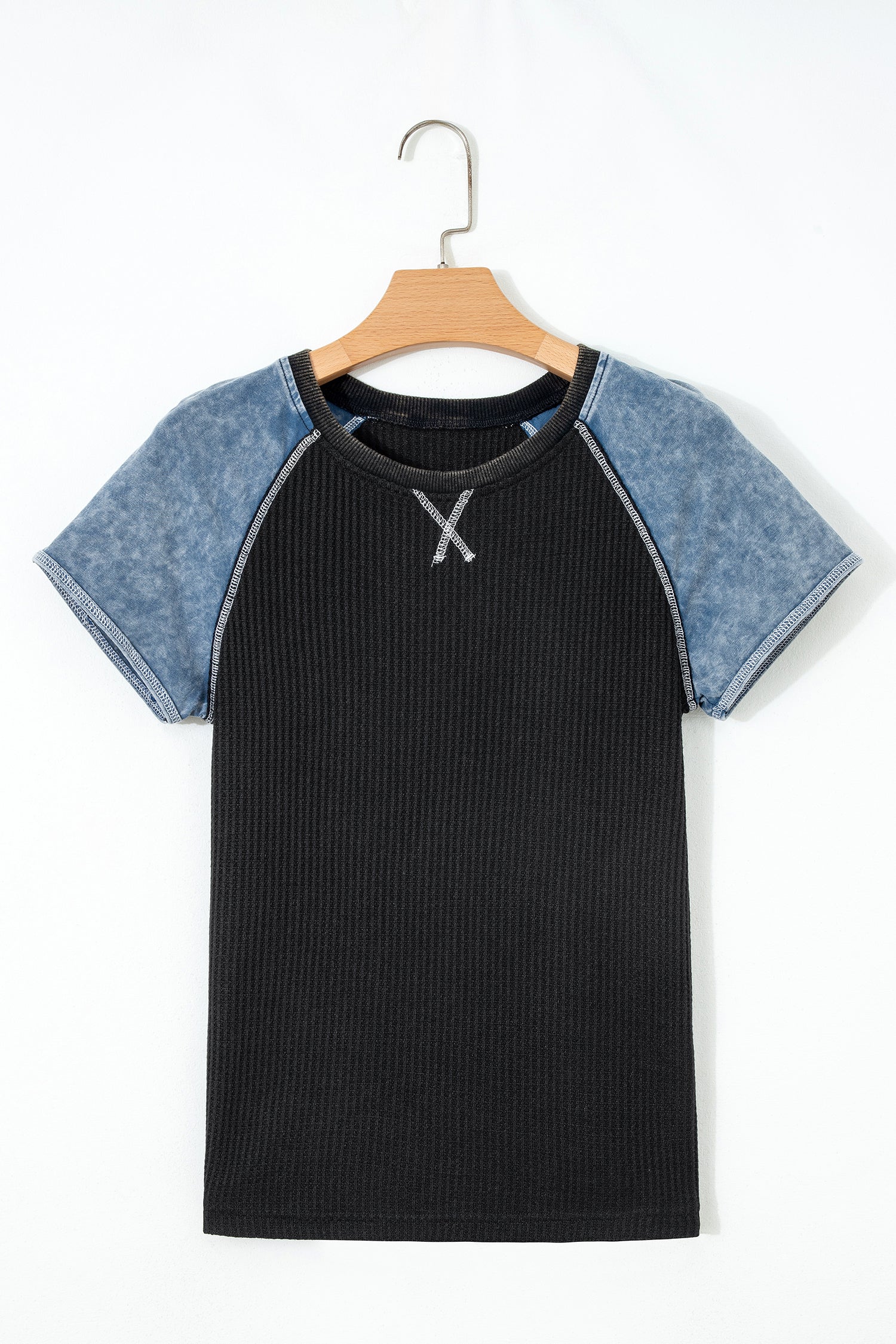 Waffle Knit Seam Detail Colour Block Patchwork Short Sleeve Top