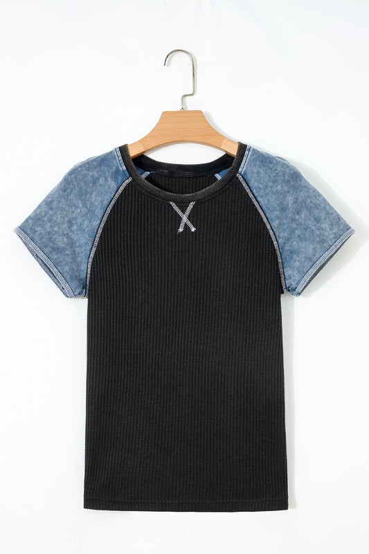 Waffle Knit Seam Detail Colour Block Patchwork Short Sleeve Top
