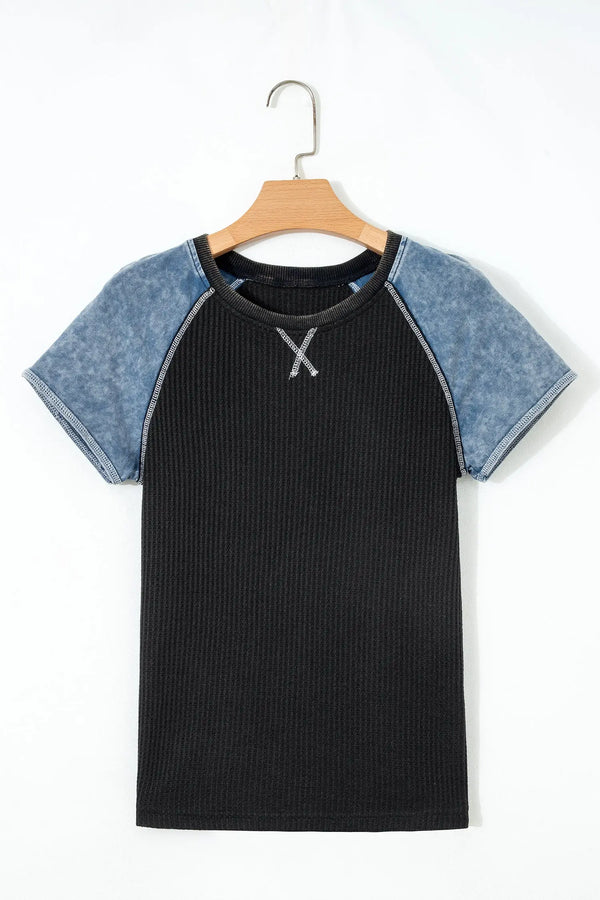 Waffle knit colourblock patchwork short sleeve top front view — Fashionfitz UK
