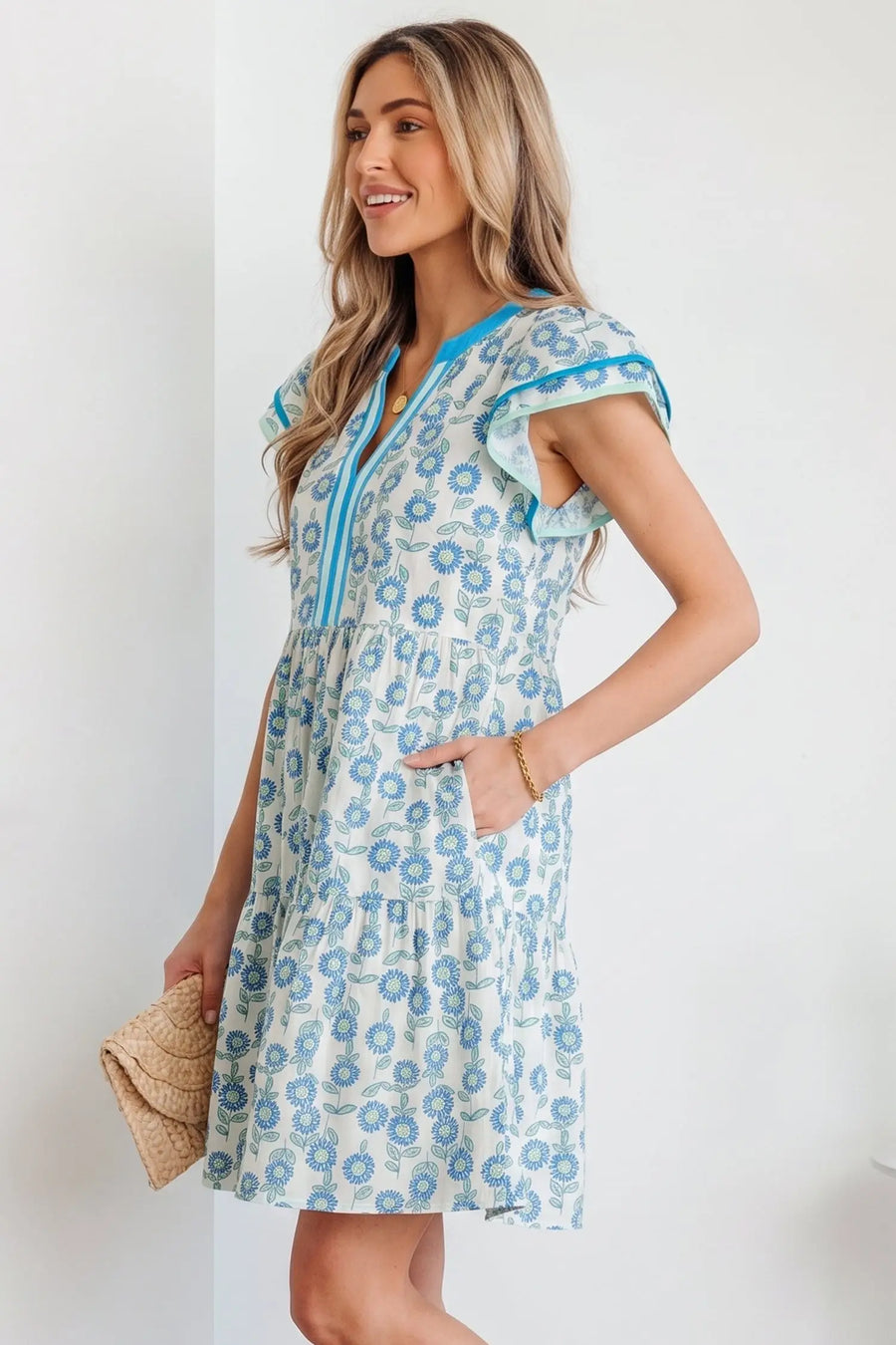 Sky Blue Floral Contrast Trim Flutter Sleeve Mini Dress Women UK