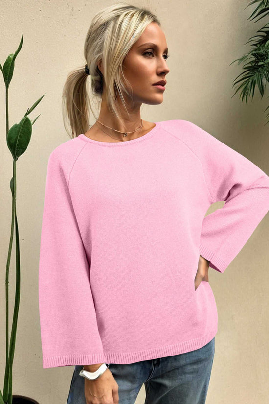 Soft pink Bell Sleeve Loose Knit Jumper with oversized silhouette and crew neckline, perfect for cozy daily wear.