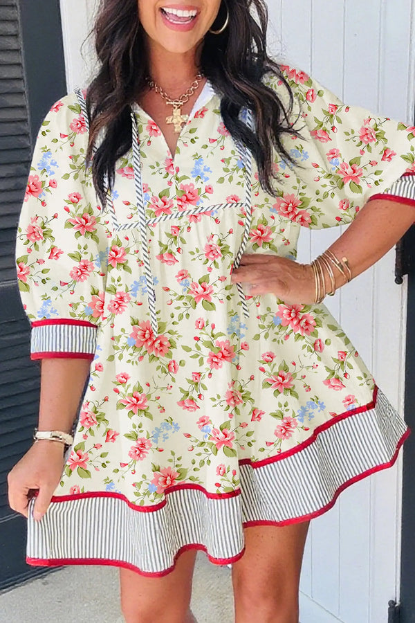 Apricot Floral Striped Edge 3/4 Puff Sleeve Dress Women UK — front view