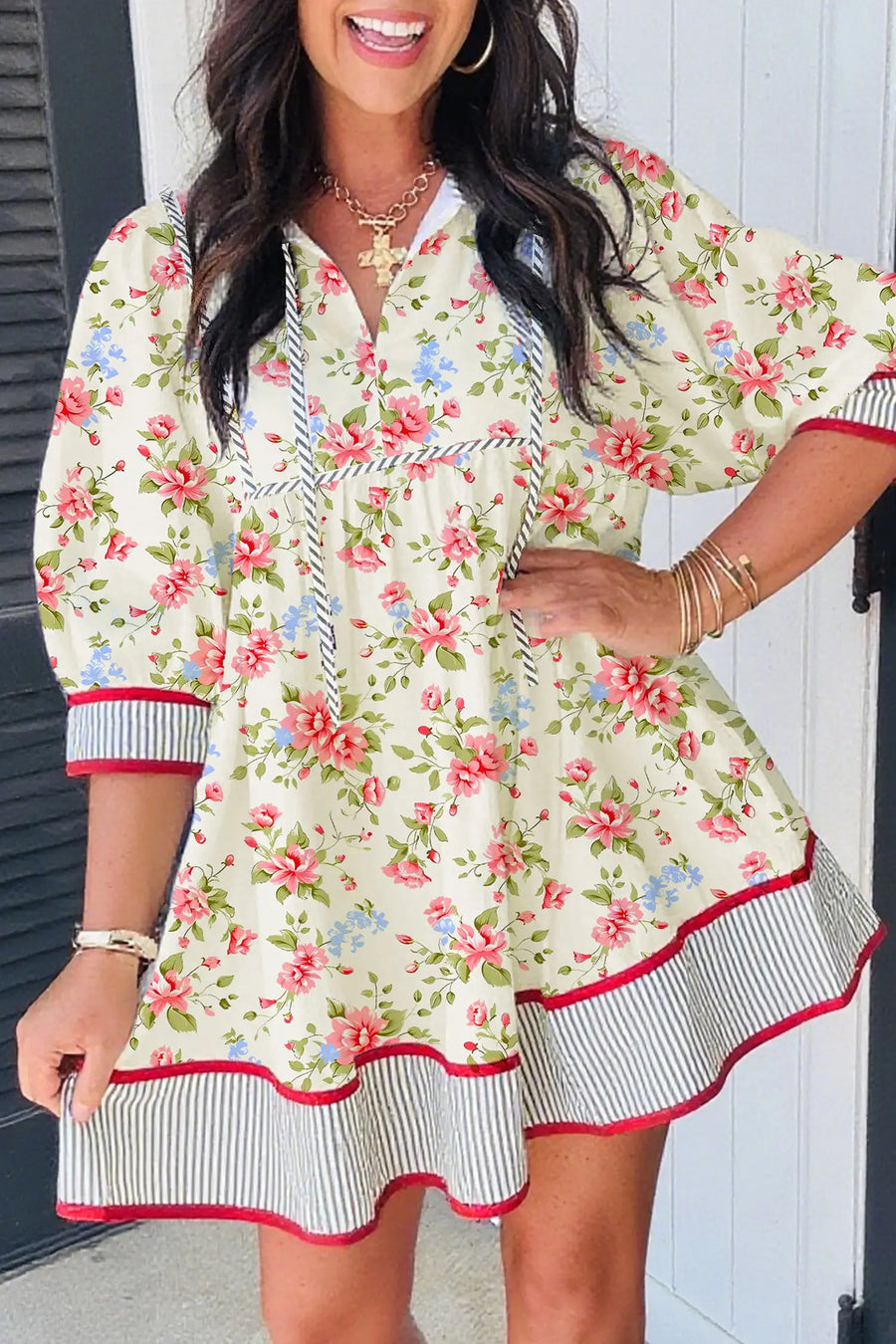 Apricot Floral Striped Edge 3/4 Puff Sleeve Dress Women UK — front view