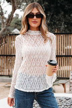 White Sheer Lace Bell Sleeve Blouse
