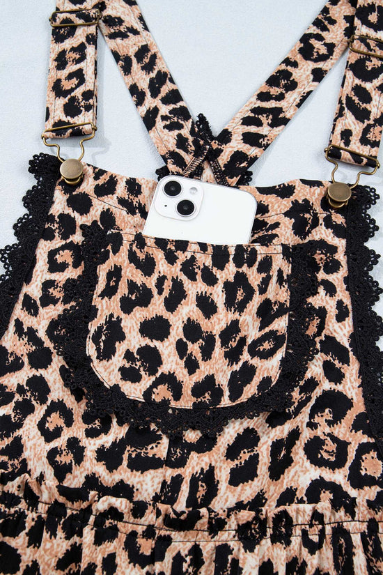 Leopard Lace Trim Wide Leg Playsuit with smartphone in front pocket, showcasing practicality and trendy animal print for summer outfits.