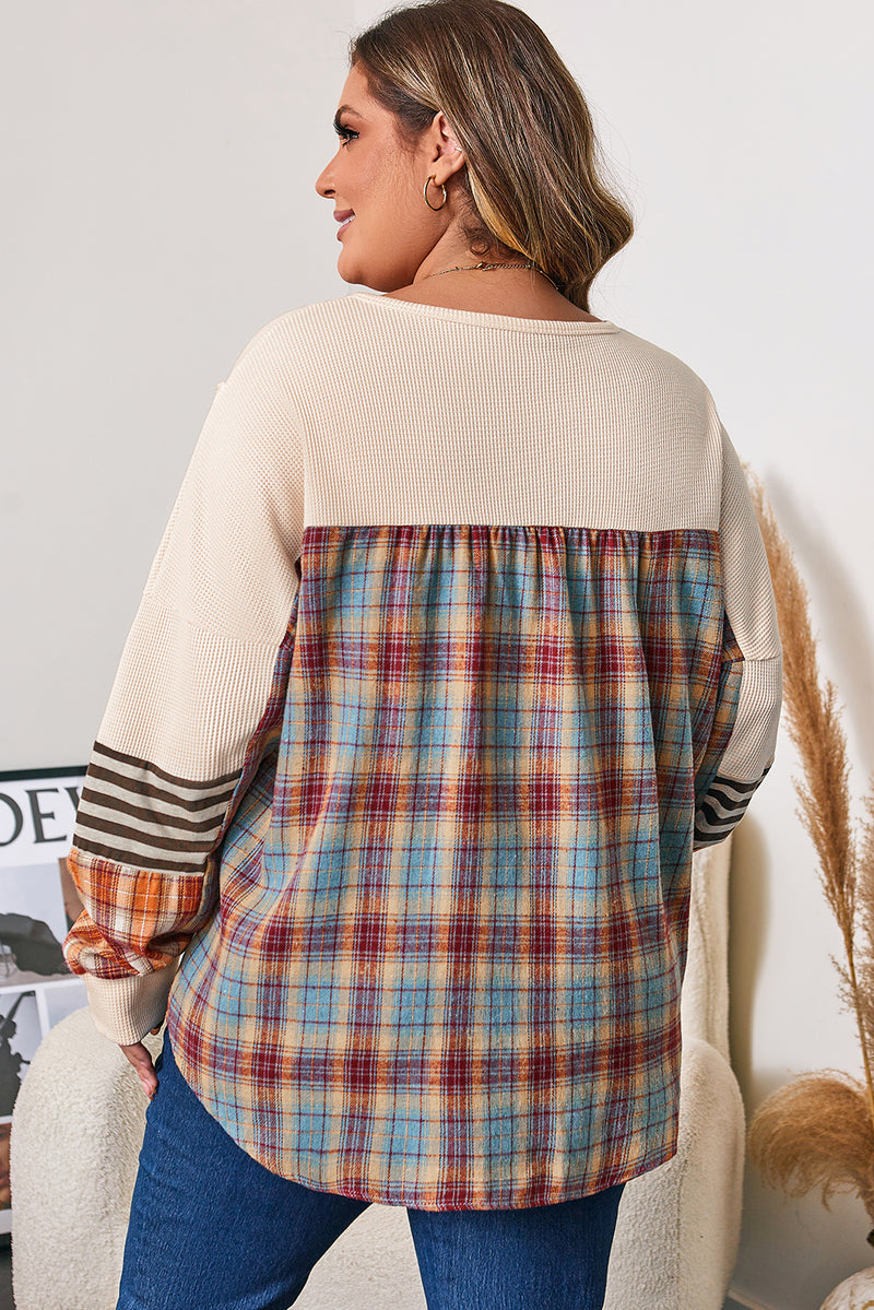 Back view of waffle colorblock plaid patchwork plus size pullover