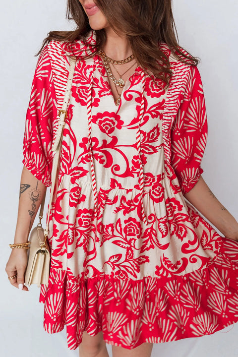 Red Floral Collared V Neck Half Sleeve Loose Mini Dress Women UK — front view