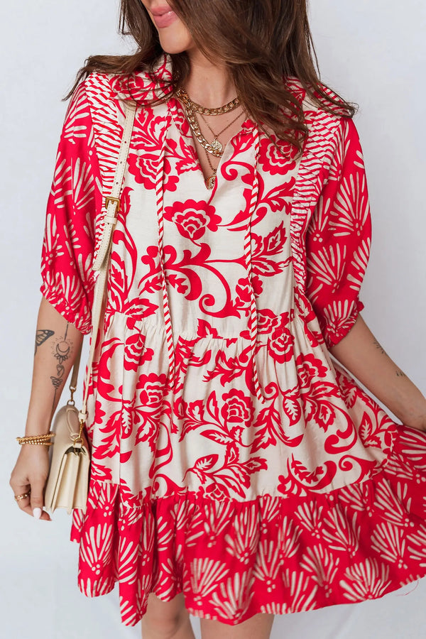 Red Floral Collared V Neck Half Sleeve Loose Mini Dress Women UK — front view