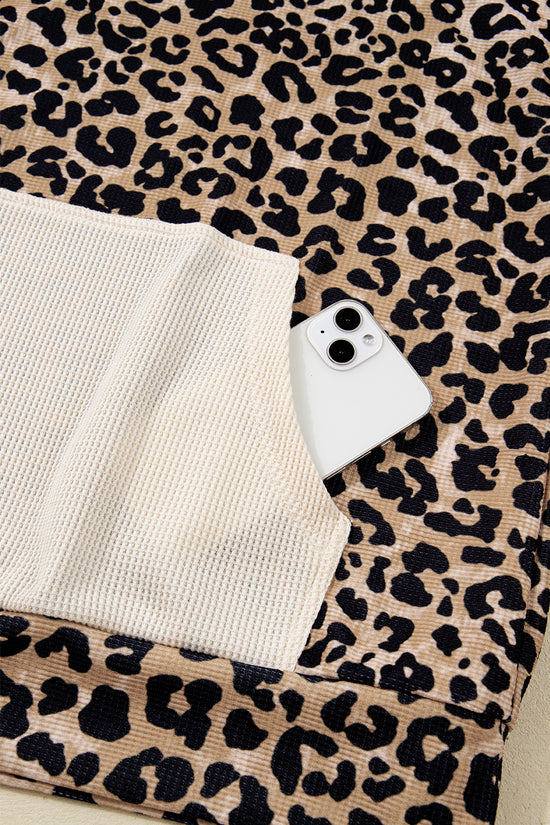 Leopard Print Waffle Knit Kangaroo Hoodie