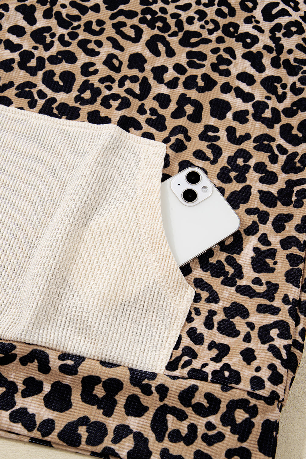 Leopard Print Waffle Knit Kangaroo Hoodie