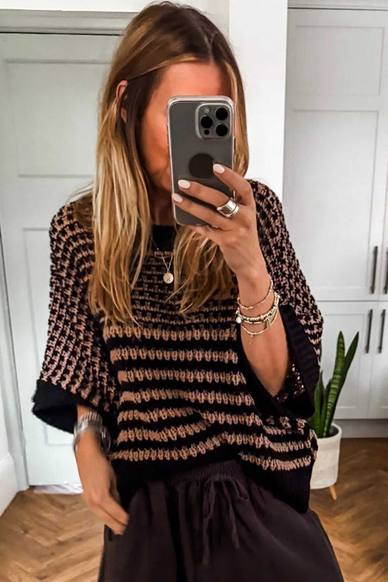 Black striped Soft‑Knit Slouchy Jumper for Women with loose silhouette and short sleeves, ideal for casual summer wear.