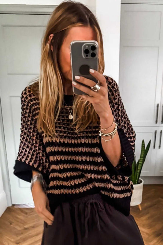 Black striped Soft‑Knit Slouchy Jumper for Women with loose silhouette and short sleeves, ideal for casual summer wear.