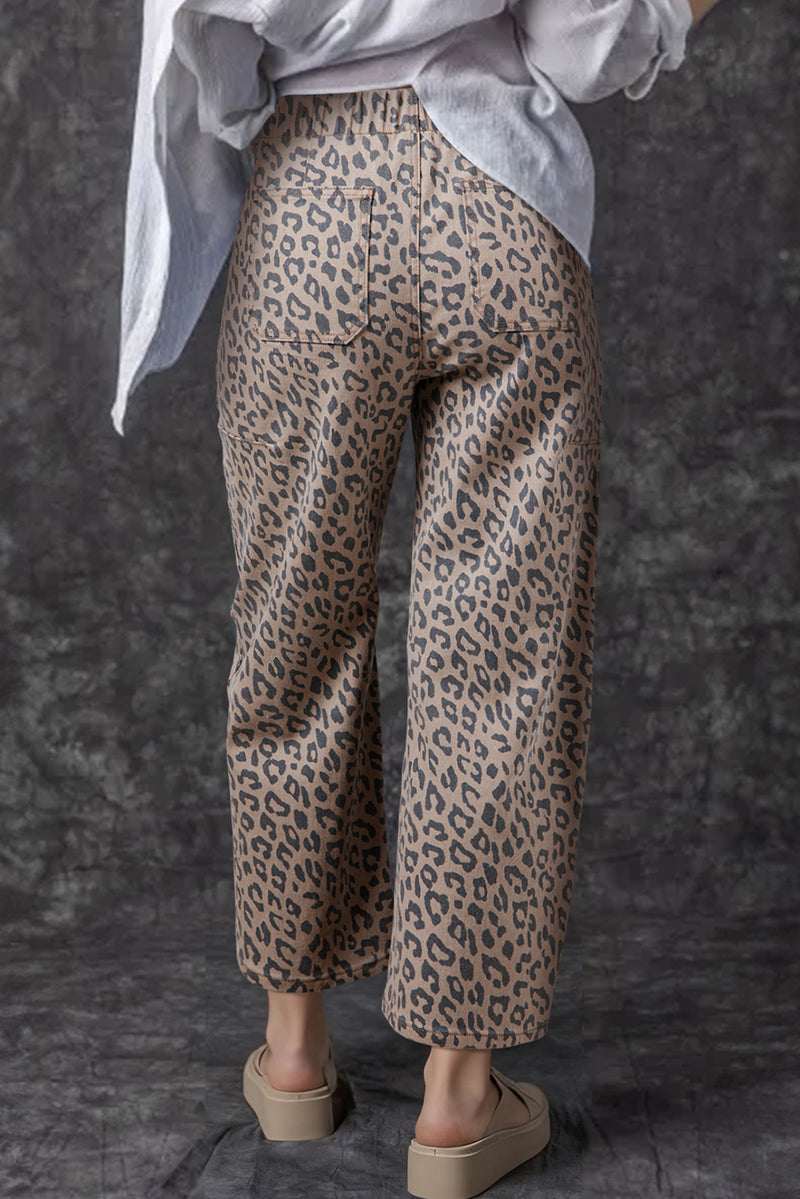 Leopard Print Drawstring Barrel Leg Jeans Women UK