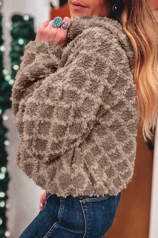 Side view of Camel Sherpa Fleece Jacket showcasing plush quilted sherpa fabric and relaxed fit, ideal for casual winter outerwear.