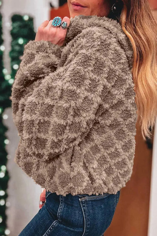 Side view of Camel Sherpa Fleece Jacket showcasing plush quilted sherpa fabric and relaxed fit, ideal for casual winter outerwear.