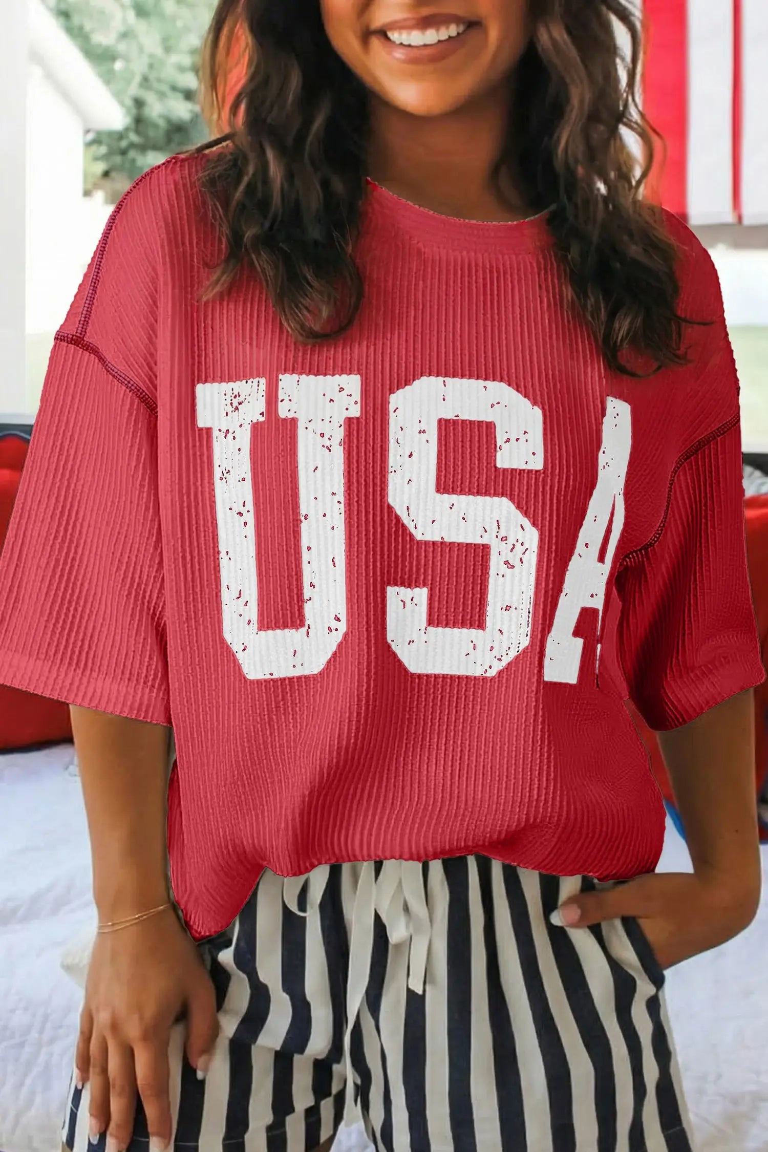 Usa graphic ribbed half sleeve loose top round neck tunic length tunics