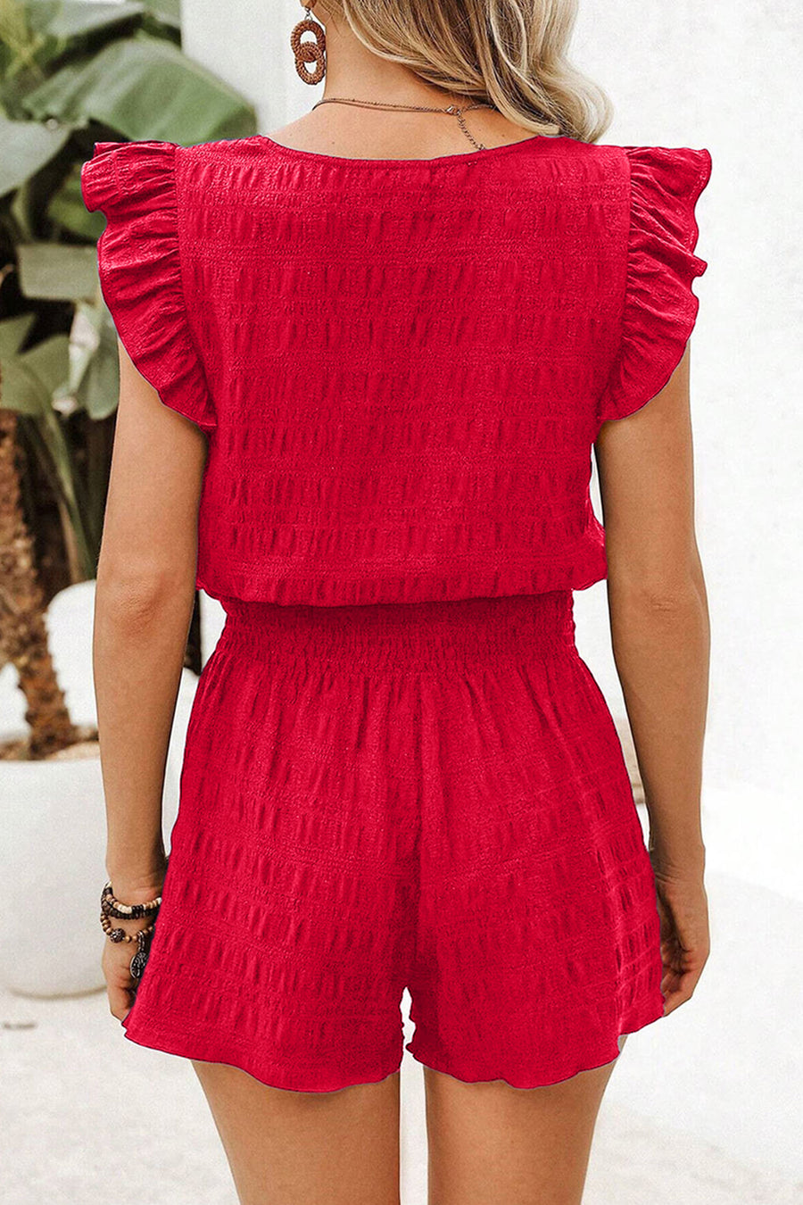 Textured Square Neck Cap Sleeve Top & Shirred High Waist Shorts Set — front view third option | Fashionfitz UK