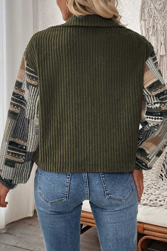 Back view of Women's Green Plaid Corduroy Fleece Jacket showcasing solid green ribbed corduroy fabric and patterned sleeves.